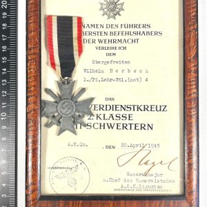 Framed WW2 German Merit Cross & Citation Ref:1123